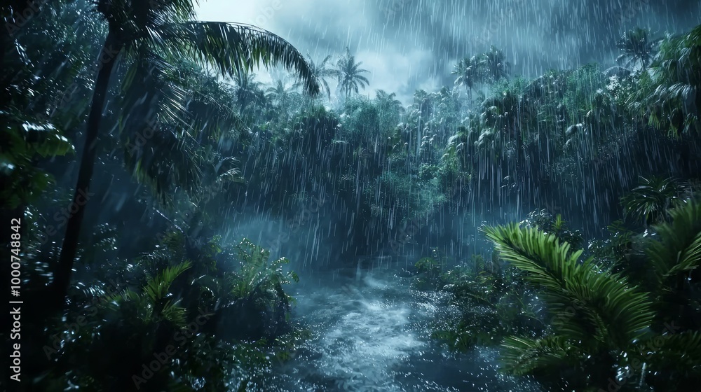 Fototapeta premium Fury of Nature: Dramatic Footage of a Tropical Storm Ravaging a Lush Rainforest