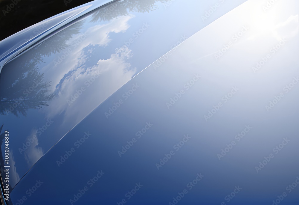 A close up of a shiny metallic car hood reflecting the bright su A close up of a shiny metallic car hood reflecting the bright su