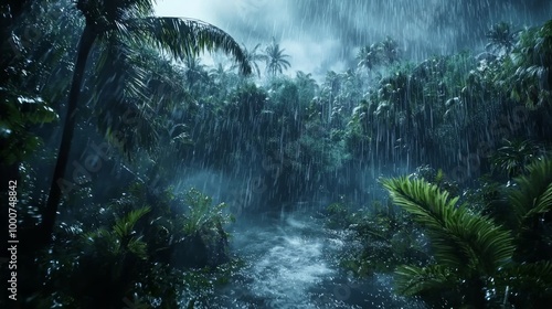 Fury of Nature: Dramatic Footage of a Tropical Storm Ravaging a Lush Rainforest photo