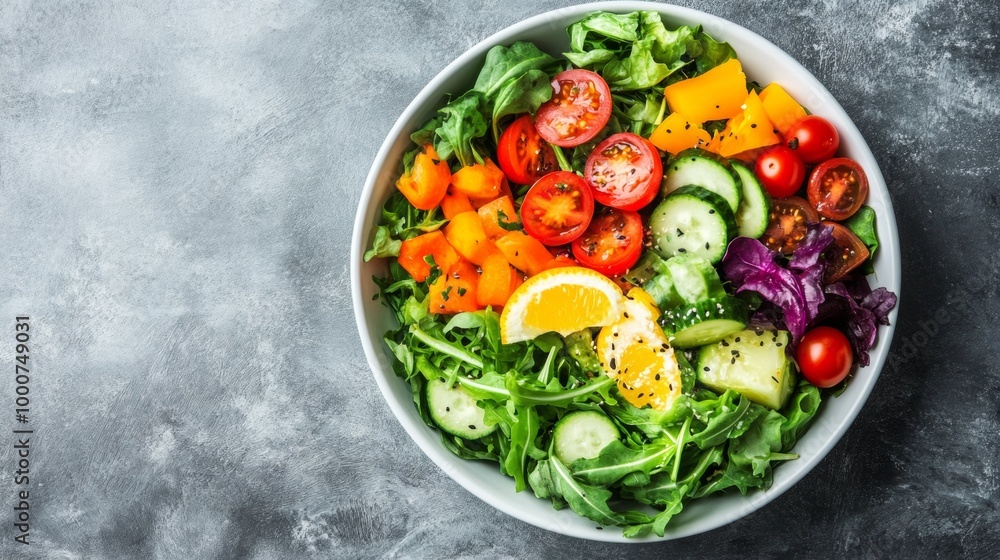 A bowl of salad with a variety of vegetables including tomatoes, cucumbers A bowl of salad with a variety of vegetables including tomatoes, cucumbers