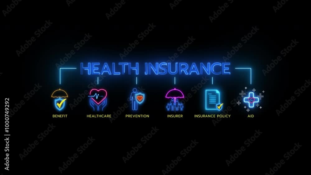 Glowing neon line banner of HEALTH INSURANCE concept with icons of benefit, healthcare, prevention, insurance policy, insurer and aid isolated on transparent background. Glowing neon line banner of HEALTH INSURANCE concept with icons of benefit, healthcare, prevention, insurance policy, insurer and aid isolated on transparent background.