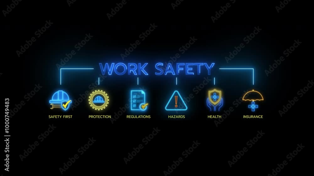 Glowing neon line banner of WORK SAFETY concept for occupational safety and health at work with icons of safety first, protection, regulations, hazards, health and insurance on transparent background. Glowing neon line banner of WORK SAFETY concept for occupational safety and health at work with icons of safety first, protection, regulations, hazards, health and insurance on transparent background.