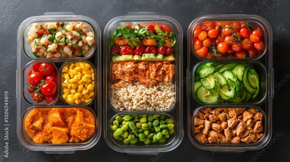 Three containers of food with a variety of vegetables and meats Three containers of food with a variety of vegetables and meats