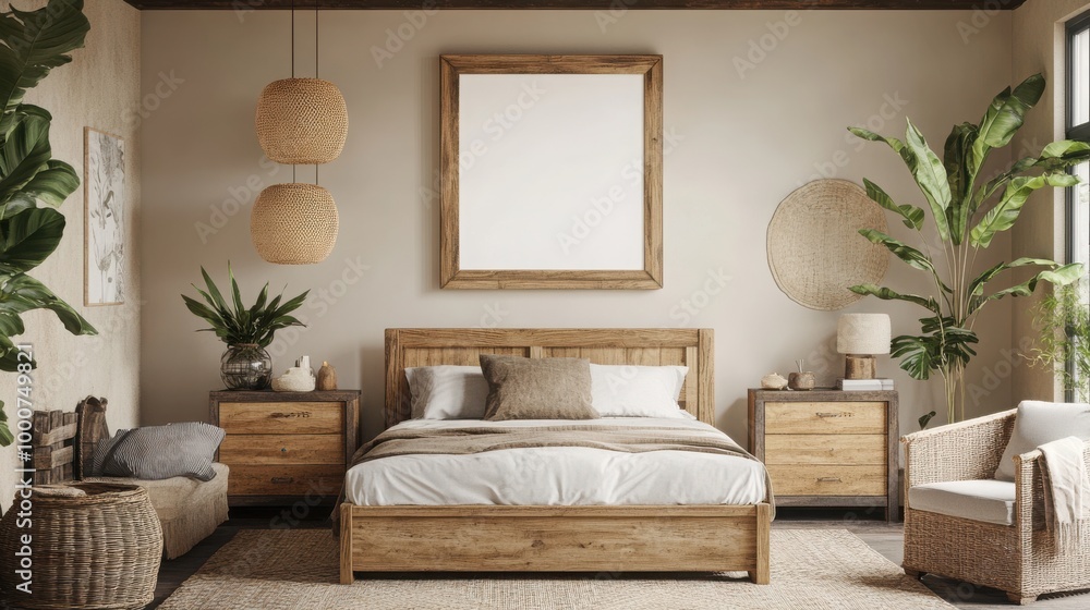 Mock up frame in a rustic bedroom with natural wooden furniture and earthy color palette, 3D render Mock up frame in a rustic bedroom with natural wooden furniture and earthy color palette, 3D render