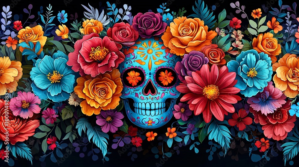 A vibrant digital illustration of a colorful sugar skull surrounded by flowers, perfect for Day of the Dead (Dia De Los Muertos) celebrations, invitations, and decorations. A vibrant digital illustration of a colorful sugar skull surrounded by flowers, perfect for Day of the Dead (Dia De Los Muertos) celebrations, invitations, and decorations.