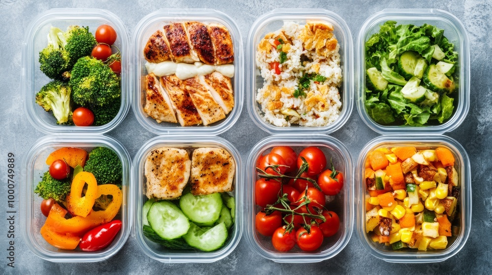 A variety of food in plastic containers, including vegetables and chicken A variety of food in plastic containers, including vegetables and chicken