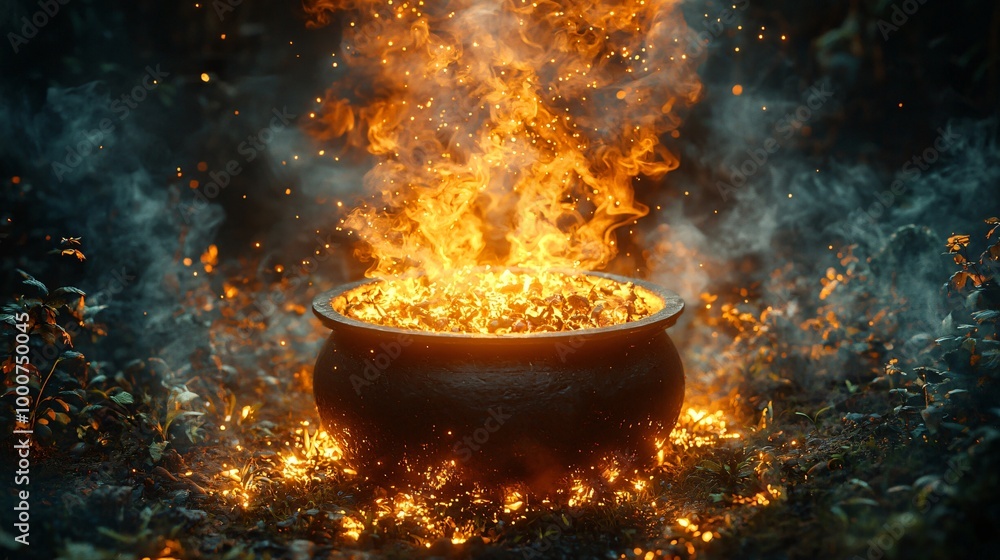 A mystical black cauldron bubbling with herbs, surrounded by swirling orange smoke, perfect for Day of the Dead celebrations and themed events. A mystical black cauldron bubbling with herbs, surrounded by swirling orange smoke, perfect for Day of the Dead celebrations and themed events.