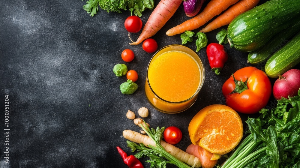 A glass of orange juice is surrounded by a variety of vegetables A glass of orange juice is surrounded by a variety of vegetables