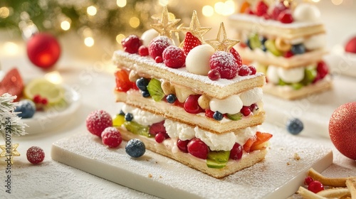 Holiday-themed fruit sandwiches and ice cream with Christmas decorations, featuring a clear open space for festive messages or creative design.