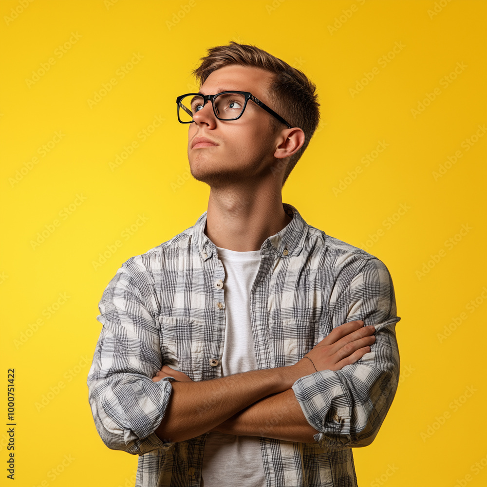 Fototapeta premium Confident young man looking away, standing with crossed arms isolated on yellow