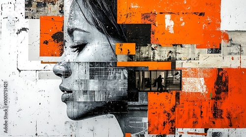 Abstract Collage Artwork with Woman s Face  Orange and Black Geometric Shapes  Urban Texture  Street Art
