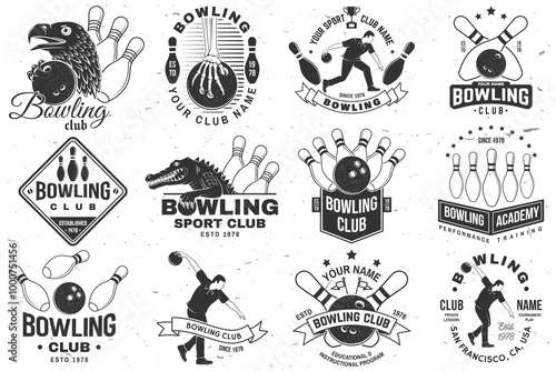 Set of Bowling sports club logo, badge design. Vintage design with athlete, bowling pins and skeleton hand with bowling ball, eagle, crocodile silhouette. Vector.