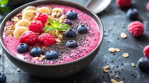 A bowl of fruit and granola with a spoon on top