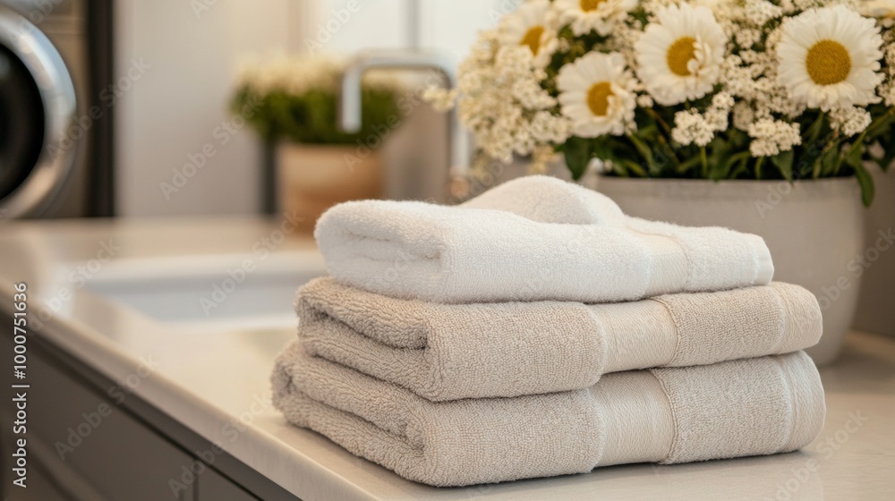 A stack of white and tan towels on a counter A stack of white and tan towels on a counter