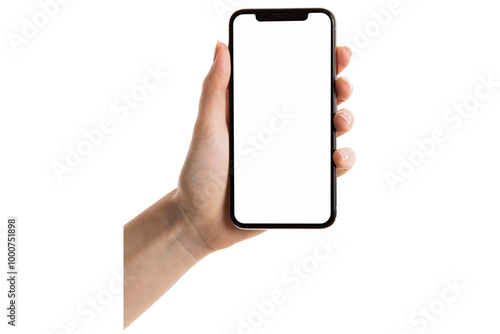Female hand holding a modern smartphone with blank screen isolated on transparent background