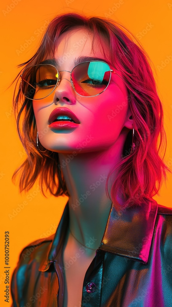 Fashionable Woman in Neon Lighting with Sunglasses and Leather Jacket Fashionable Woman in Neon Lighting with Sunglasses and Leather Jacket