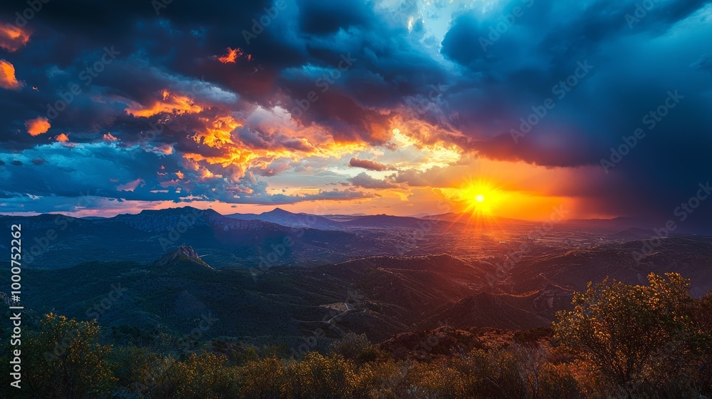 Majestic Sunset Over Mountain Range with Rolling Storm Clouds Darkening Sky in Ultra-Realistic Footage Majestic Sunset Over Mountain Range with Rolling Storm Clouds Darkening Sky in Ultra-Realistic Footage