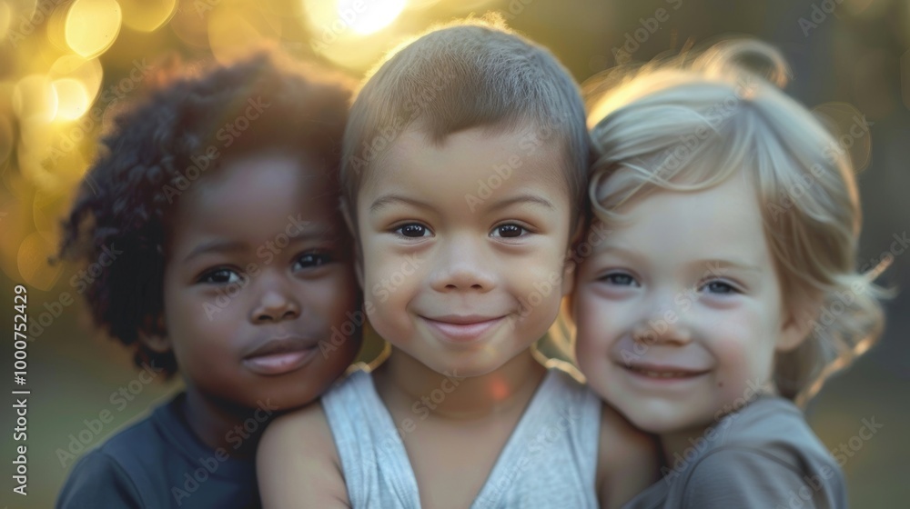 A portrait of three happy kids with different skin tones, smiling warmly A portrait of three happy kids with different skin tones, smiling warmly