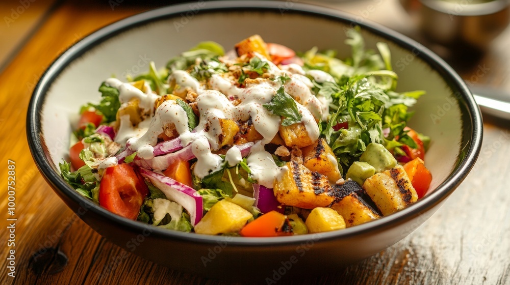A bowl of salad with a white dressing and a grilled chicken A bowl of salad with a white dressing and a grilled chicken