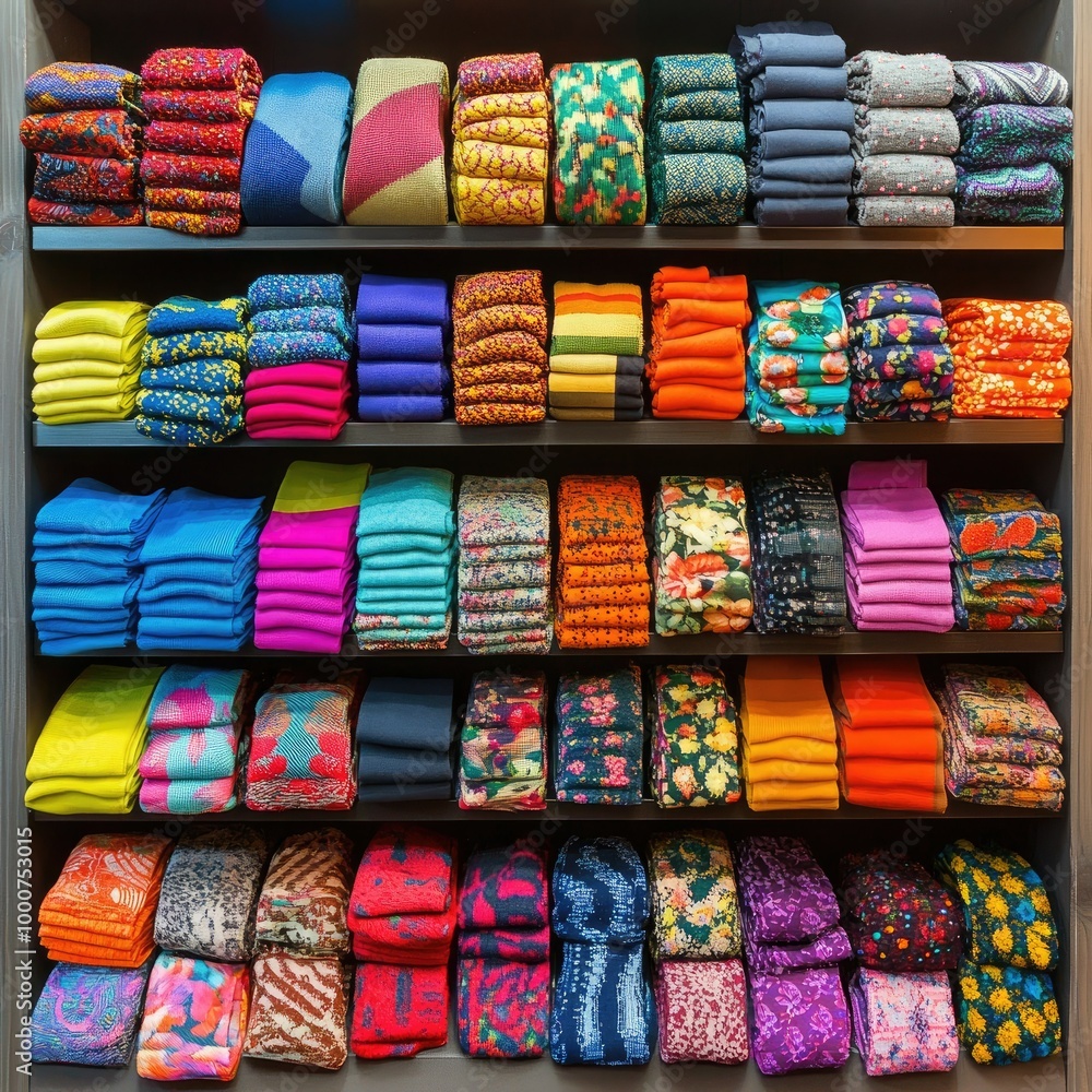 A vibrant display of socks arranged in a store, featuring various colors and patterns, attracting customers to browse. A vibrant display of socks arranged in a store, featuring various colors and patterns, attracting customers to browse.
