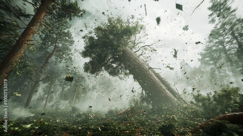 Catastrophic Windstorm wreaking havoc in forest - Imposing real life scenery of uprooted trees and flying debris caused by powerful winds photo