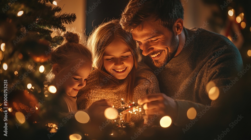 Family Enjoying Christmas Eve Decorating Tree with Warm Smiles and Festive Lights Family Enjoying Christmas Eve Decorating Tree with Warm Smiles and Festive Lights