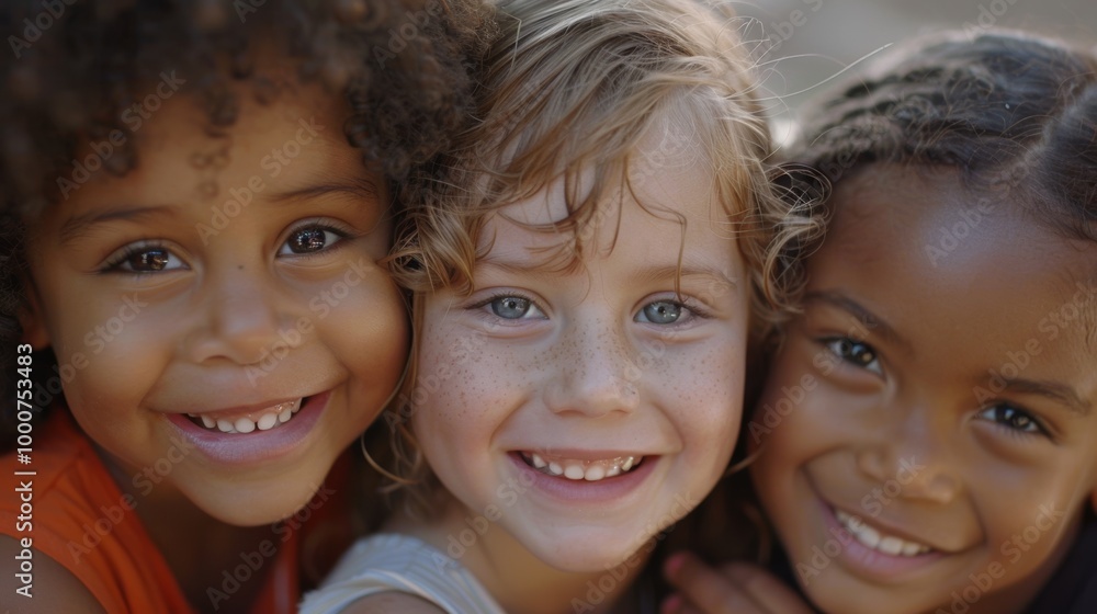 A warm close-up of three children with diverse skin tones, smiling together A warm close-up of three children with diverse skin tones, smiling together