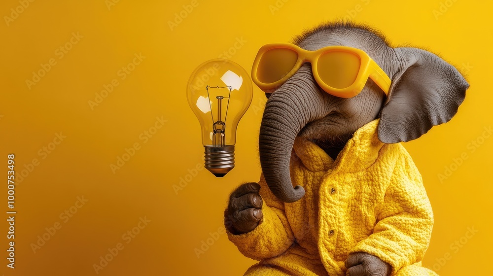 Adorable Baby Elephant in Yellow Outfit Holding Light Bulb on Yellow Background Adorable Baby Elephant in Yellow Outfit Holding Light Bulb on Yellow Background