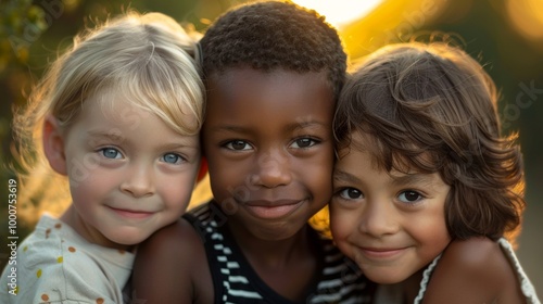 A warm close-up of three kids from different ethnicities, smiling together