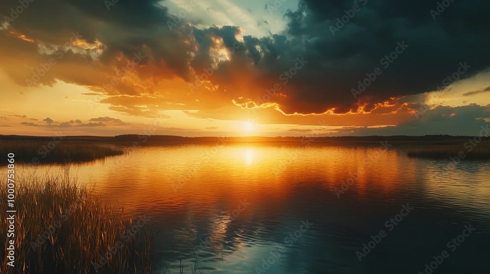 Obraz premium Majestic Sunset over Serene Lake with Storm Clouds - Ultra-Realistic Nature Landscape