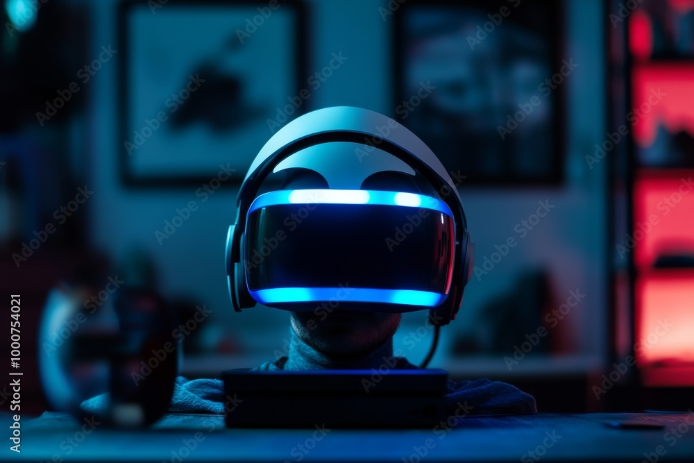 Fototapeta premium Man Wearing VR Headset in a Dark Room