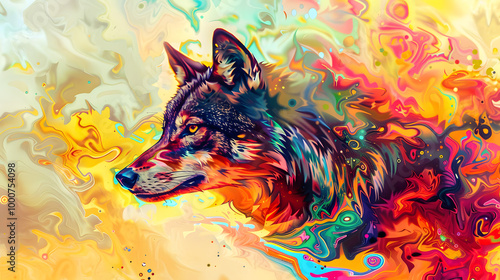 Digital illustration artwork of a colorful fox in a painting style. photo