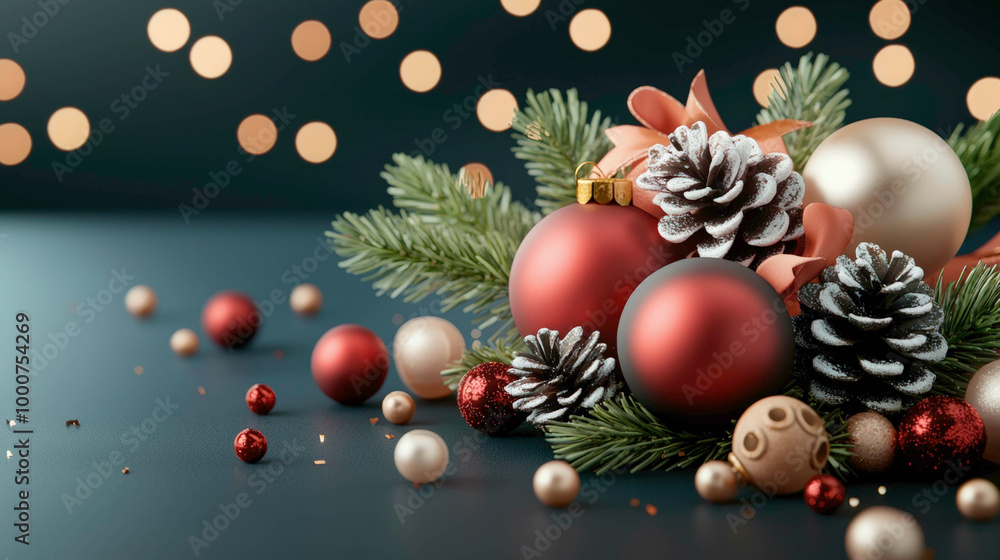 Luxurious Christmas scene with red and gold ornaments, frosted pinecones, and twinkling lights on a dark background. Ideal for elegant holiday designs, cards, and festive decorations. Luxurious Christmas scene with red and gold ornaments, frosted pinecones, and twinkling lights on a dark background. Ideal for elegant holiday designs, cards, and festive decorations.