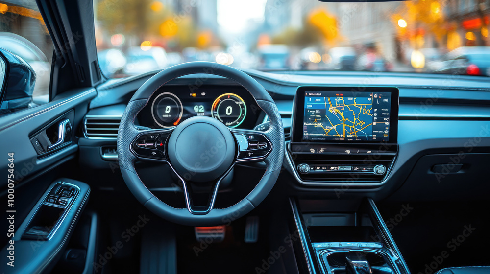 High-Tech Car Dashboard with Digital Displays and Navigation System on a Busy City Street High-Tech Car Dashboard with Digital Displays and Navigation System on a Busy City Street