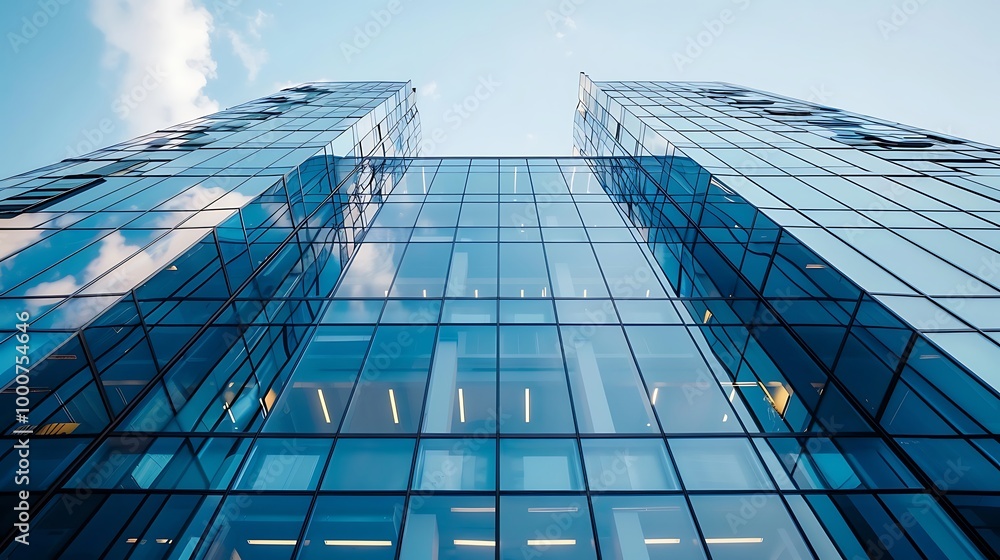 Fototapeta premium Low angle view of modern skyscraper with glass facade reflecting sky and clouds for symbolizing urban development and architectural innovation city landscape design concept.