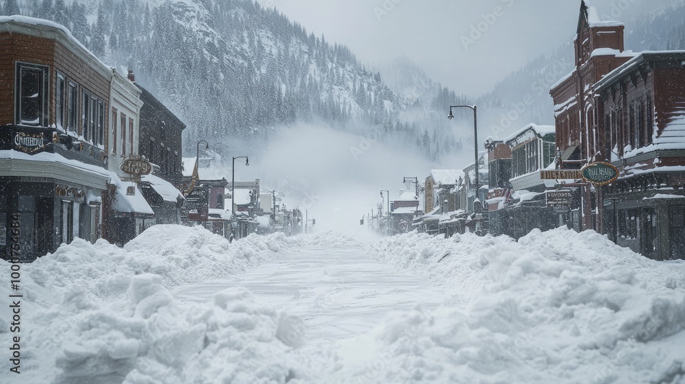 Fototapeta premium Winter's Wrath: Intense Blizzard Blanketing Small Mountain Town in Snowdrifts
