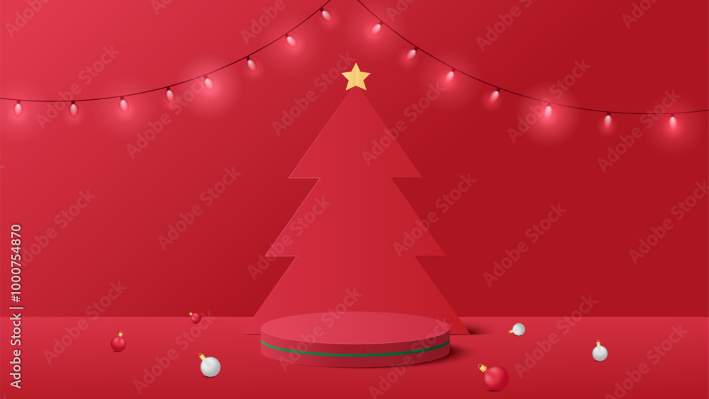Podium Christmas. Red Podium for product display presentation with christmas tree. Podium platform to show product on red background. Merry Christmas background Podium Christmas. Red Podium for product display presentation with christmas tree. Podium platform to show product on red background. Merry Christmas background