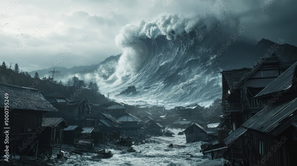 Fototapeta premium Impending Disaster: Coastal Village Facing Tsunami Threat with Towering Waves in Background