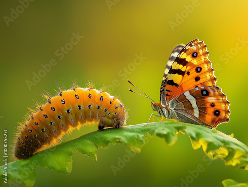 Vibrant Butterfly and Caterpillar on Leaf Symbolizing Change