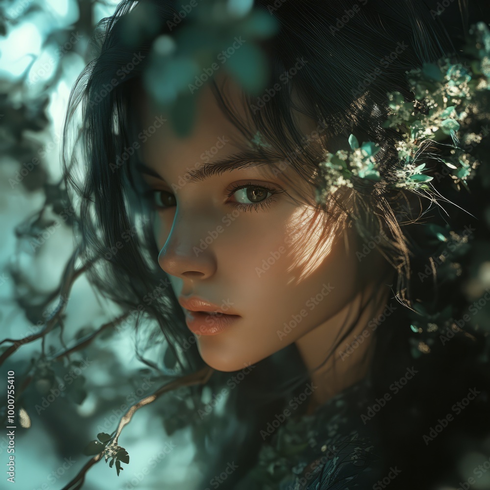 Enchanted Forest Nymph: A captivating portrait of a young woman framed by blossoming branches, her gaze intense and ethereal, evokes a sense of mystery and otherworldly beauty. Enchanted Forest Nymph: A captivating portrait of a young woman framed by blossoming branches, her gaze intense and ethereal, evokes a sense of mystery and otherworldly beauty.