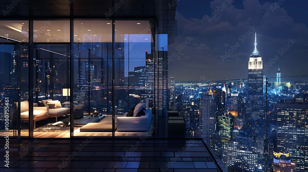 Luxury penthouse with city skyline view at night has large balcony windows facing the city view with modern interior of city lights twinkling in the distance.
