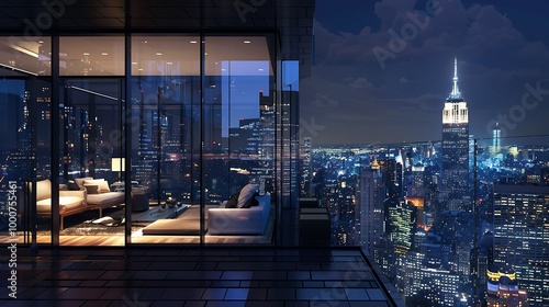 Obraz na płótnie Luxury penthouse with city skyline view at night has large balcony windows facing the city view with modern interior of city lights twinkling in the distance. w salonie