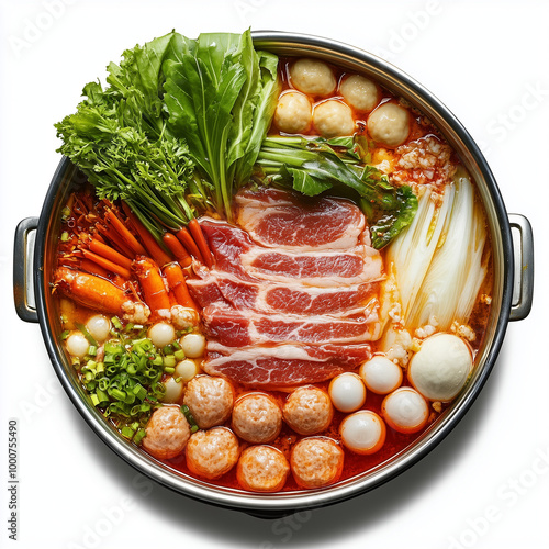 Chinese hot pot meal with meat, seafood and vegetables