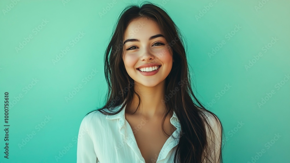 Young smiling happy cheerful fun satisfied cool woman she wearing white top shirt casual clothes looking camera isolated on plain pastel light blue cyan background studio portrait. generative ai Young smiling happy cheerful fun satisfied cool woman she wearing white top shirt casual clothes looking camera isolated on plain pastel light blue cyan background studio portrait. generative ai
