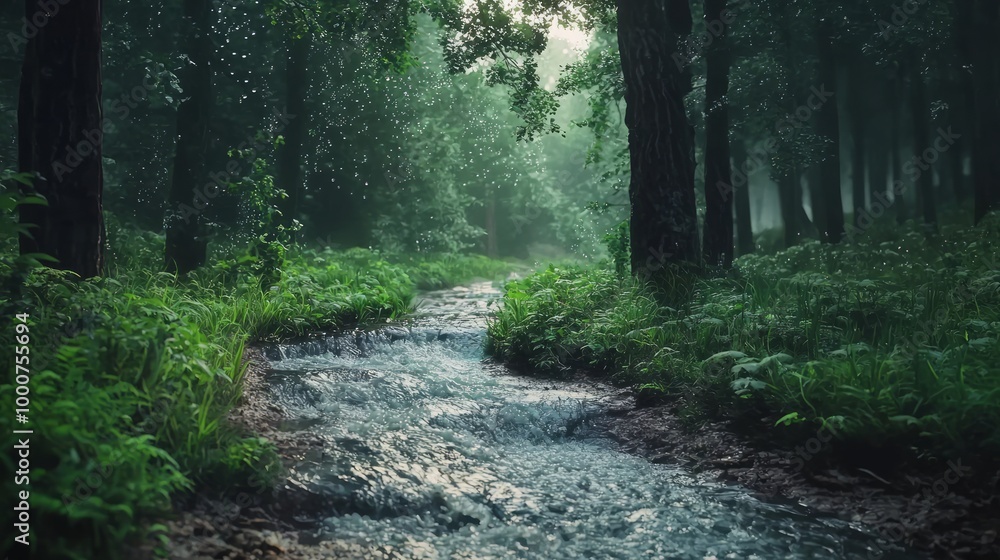 Obraz premium Serene Creek in Lush Forest Overflows After Heavy Rainfall - Natural Disaster Concept in Nature