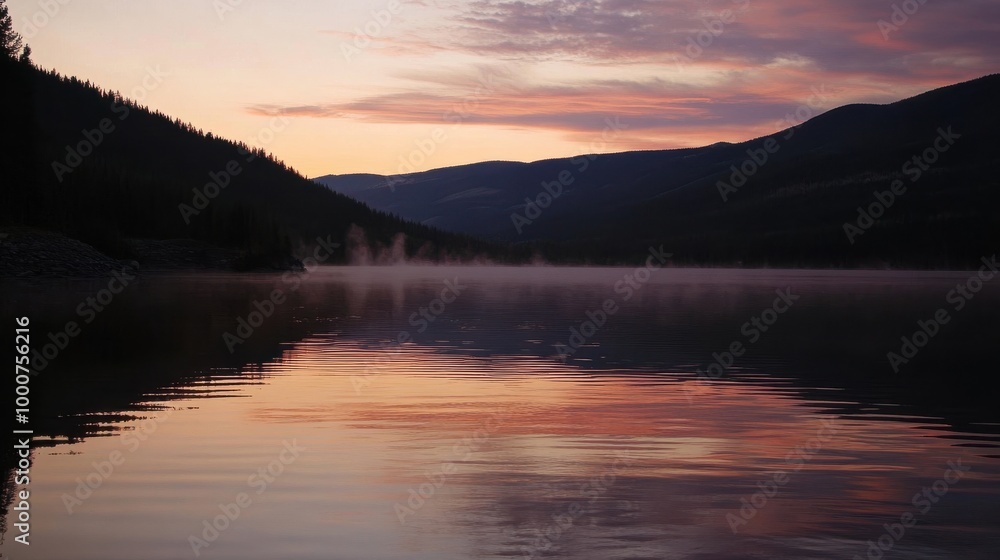 Fototapeta premium Tranquil Mountain Lake at Sunset with Mist