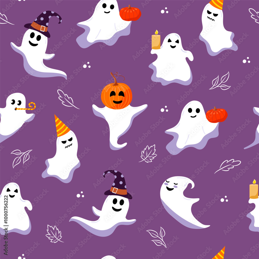 Obraz premium Vector seamless pattern. Cute halloween ghost and autumn leaves. Different funny characters on purple background.