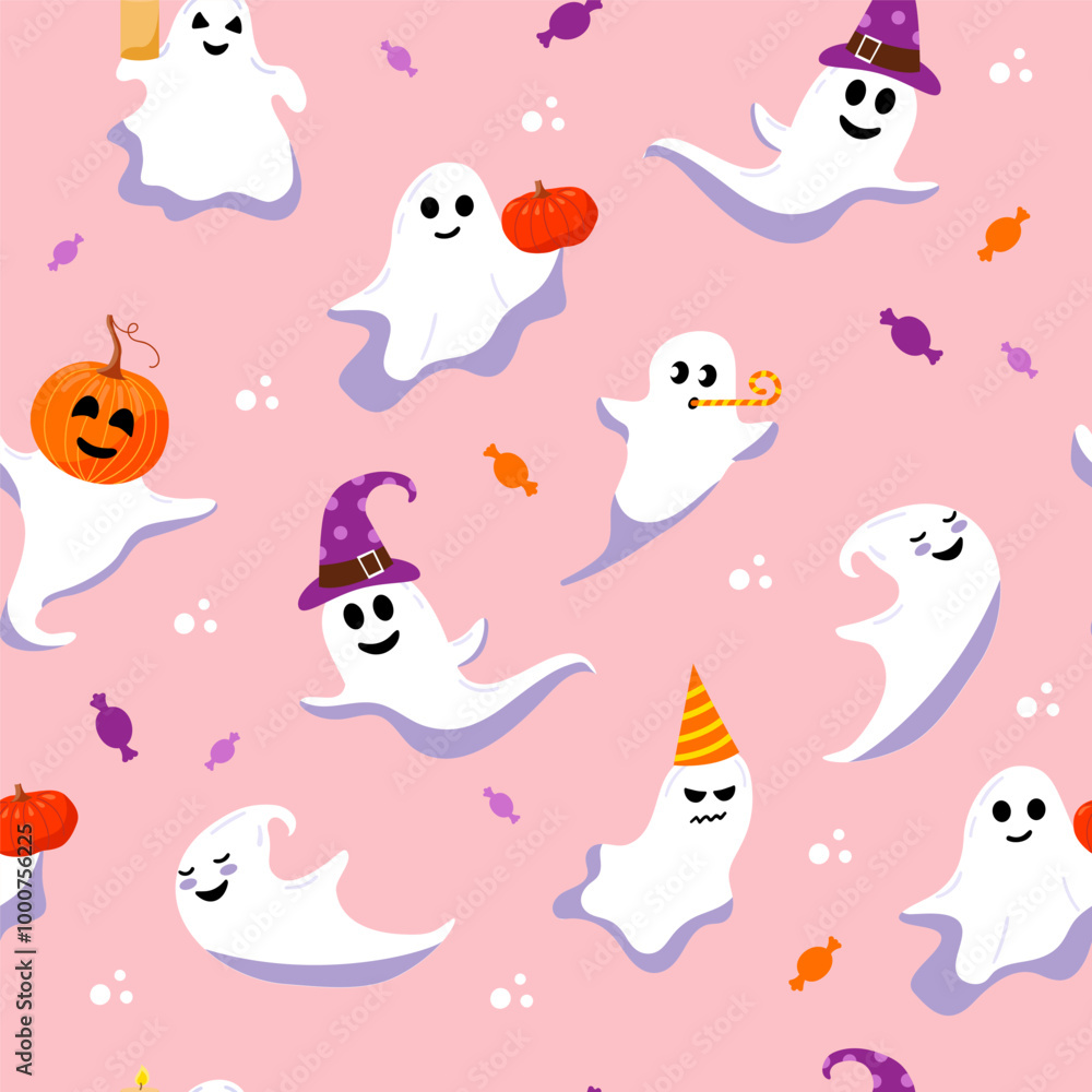 Naklejka premium Vector seamless pattern of cute halloween ghost. Different funny characters on pink background.