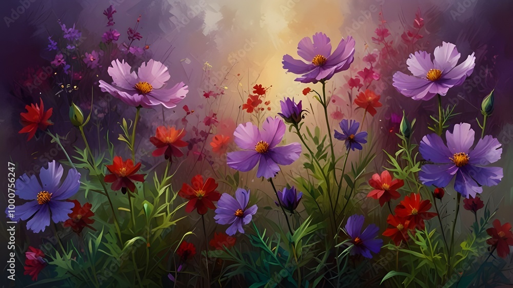 Abstract colorful oil painting purple cosmos flower, rhododendron flowers, wildflower in field. Violet, red wildflowers Generative AI Abstract colorful oil painting purple cosmos flower, rhododendron flowers, wildflower in field. Violet, red wildflowers Generative AI