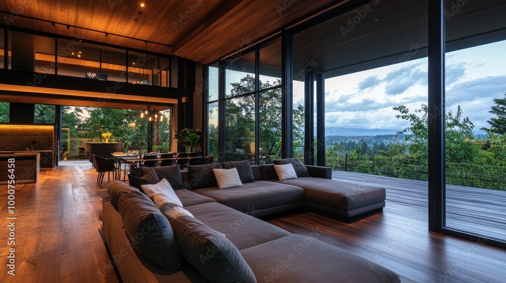 Fototapeta premium A large living room with a couch and a dining table